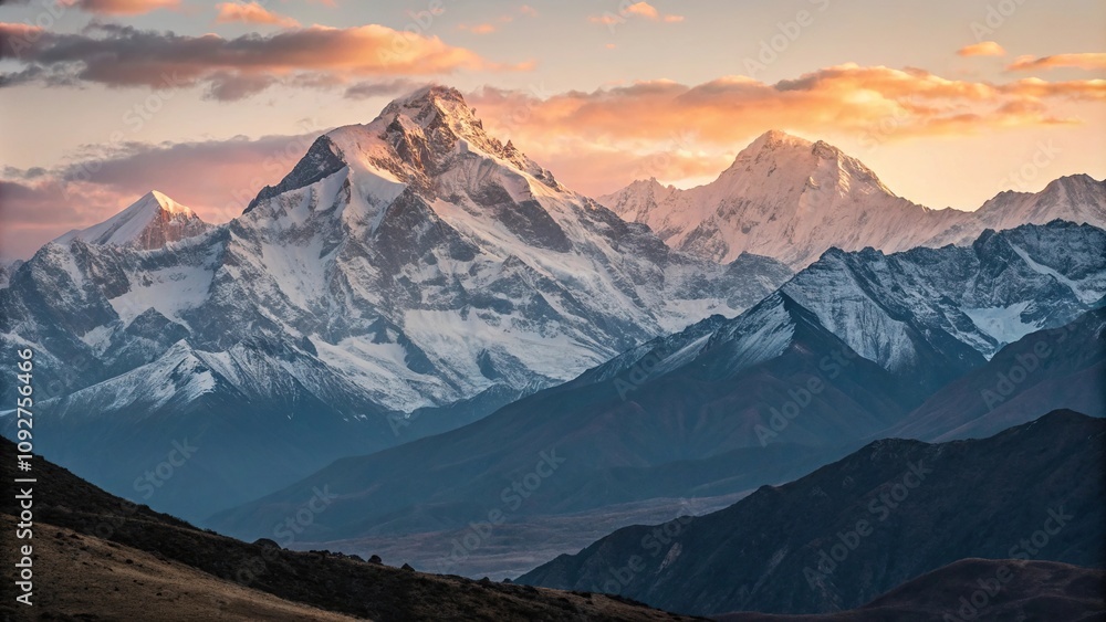 Snow-covered Himalayan peaks at sunrise, snowy peak, sunrise, himalayan mountains Snow-covered Himalayan peaks at sunrise, snowy peak, sunrise, himalayan mountains