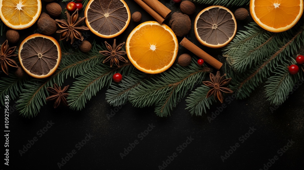 Festive Border with Dried Oranges, Spices, and Evergreen Branches Festive Border with Dried Oranges, Spices, and Evergreen Branches