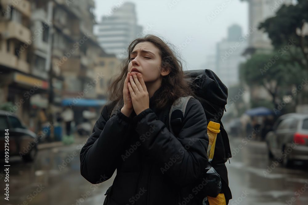 Fototapeta premium Young female traveler coughing and trying to shield her mouth from air pollution on a rainy, foggy city street