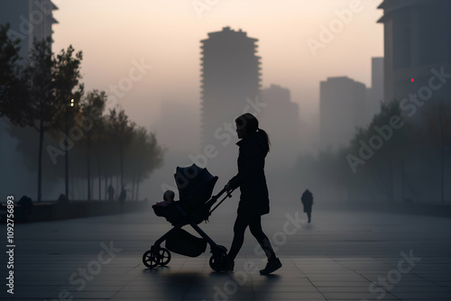 Silhouette of a mother pushing a baby stroller in a smog filled city, underscoring the hazards of air pollution for children photo