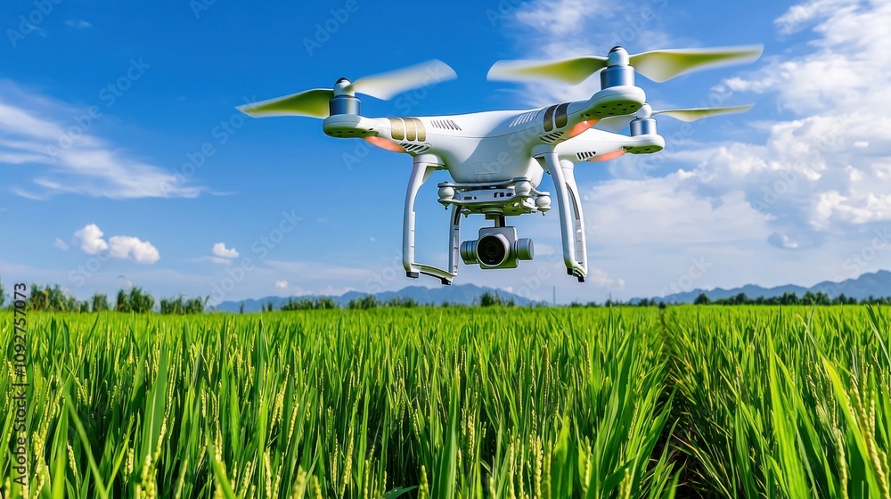 Naklejka premium Drone Hovering Over Lush Green Meadow With Blue Sky And Clouds