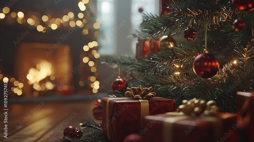Christmas tree decorations and many gift boxes. Christmas tree decorations and many gift boxes.
