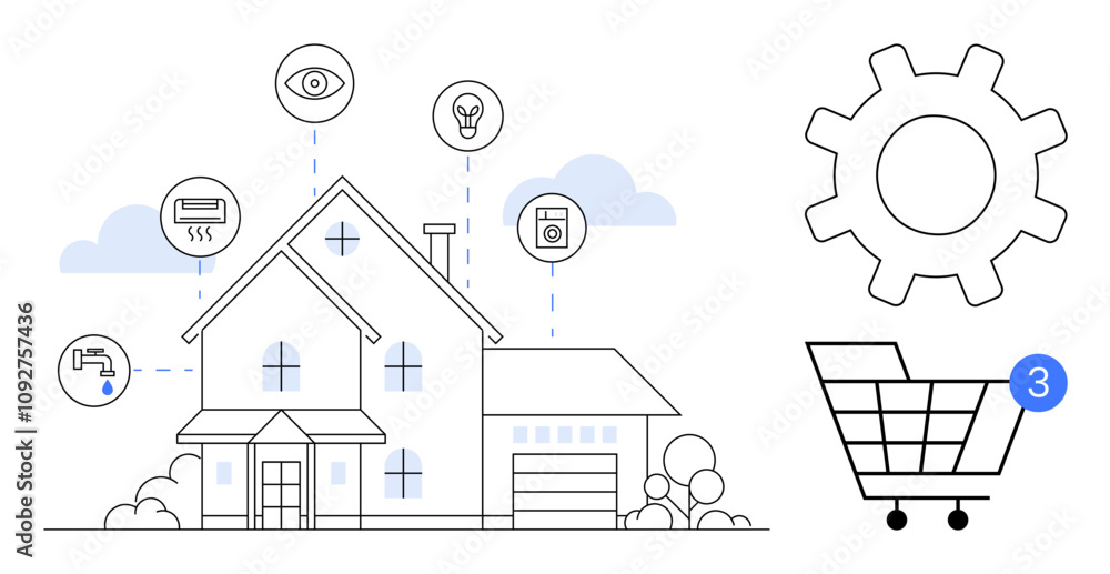 Connected house with smart home devices for lighting, security, HVAC, and appliances. Ideal for technology, home improvement, automation, security lifestyle convenience and innovation. Line Connected house with smart home devices for lighting, security, HVAC, and appliances. Ideal for technology, home improvement, automation, security lifestyle convenience and innovation. Line