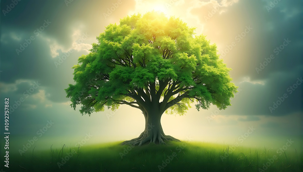 An artistic representation of a tree whose canopy forms a glowing globe, symbolizing environmental sustainability and global unity. An artistic representation of a tree whose canopy forms a glowing globe, symbolizing environmental sustainability and global unity.