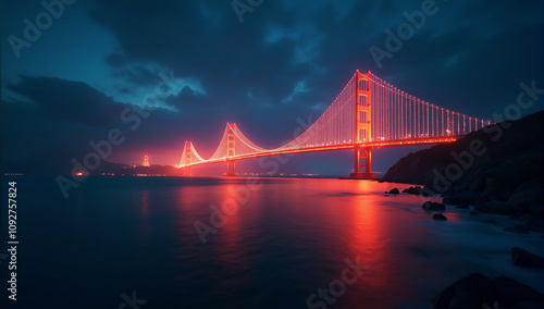 An abstract digital illustration of a glowing bridge connecting two continents over water, symbolizing unity and collaboration.