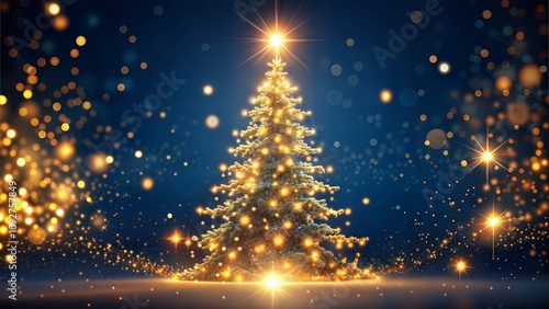 Glowing Christmas Tree of Golden Bokeh Lights on Dark Blue Background - Enchanting Holiday Scene.