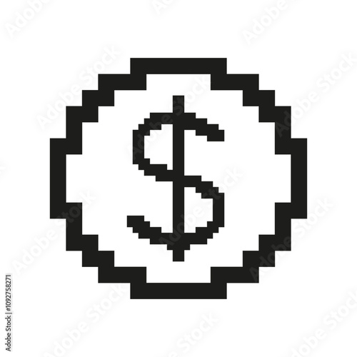 Pixel Art Dollar Symbol In Circle Icon. Pixelated Dollar Sign Inside Circle, Symbol Of Money Or Finance. Isolated Vector Illustration