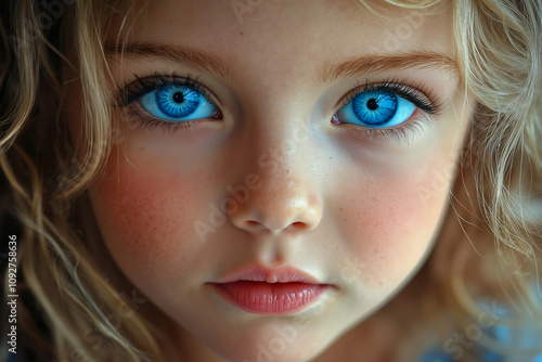 A close up of a little girl with blue eyes