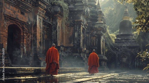 Monks dressed in orange robes walk calmly through misty ruins in a serene morning atmosphere photo