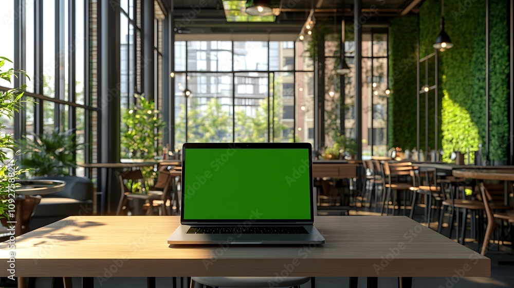 Laptop with Chroma key Green Screen in cafe, mockup Laptop with Chroma key Green Screen in cafe, mockup