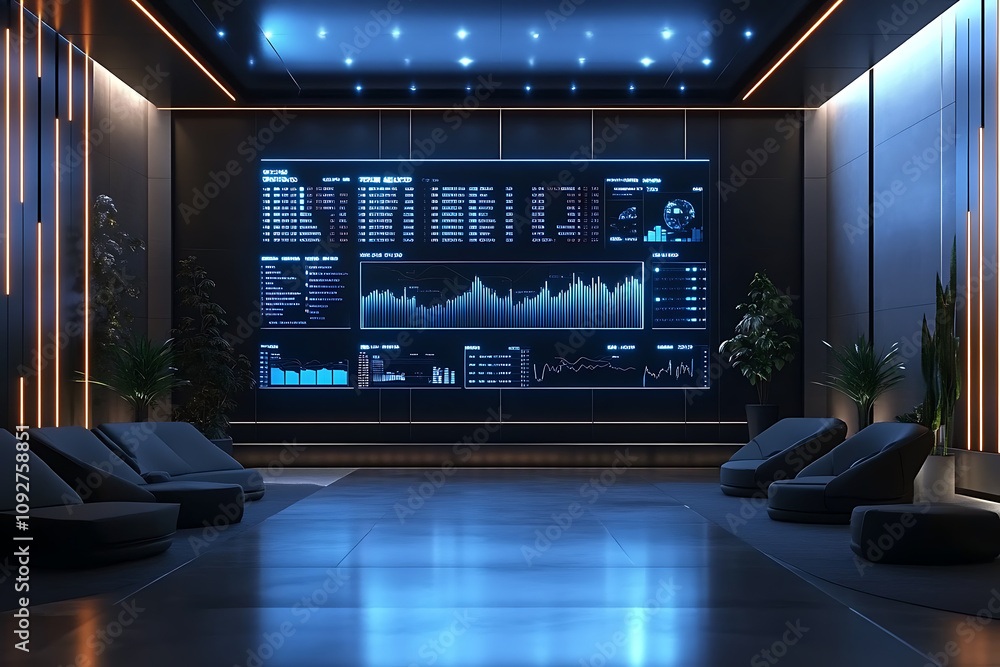 Futuristic Business Office Interior with Data Analytics Display. Modern, Luxurious Workspace Design with High-Tech Screen Showing Charts and Graphs. Futuristic Business Office Interior with Data Analytics Display. Modern, Luxurious Workspace Design with High-Tech Screen Showing Charts and Graphs.