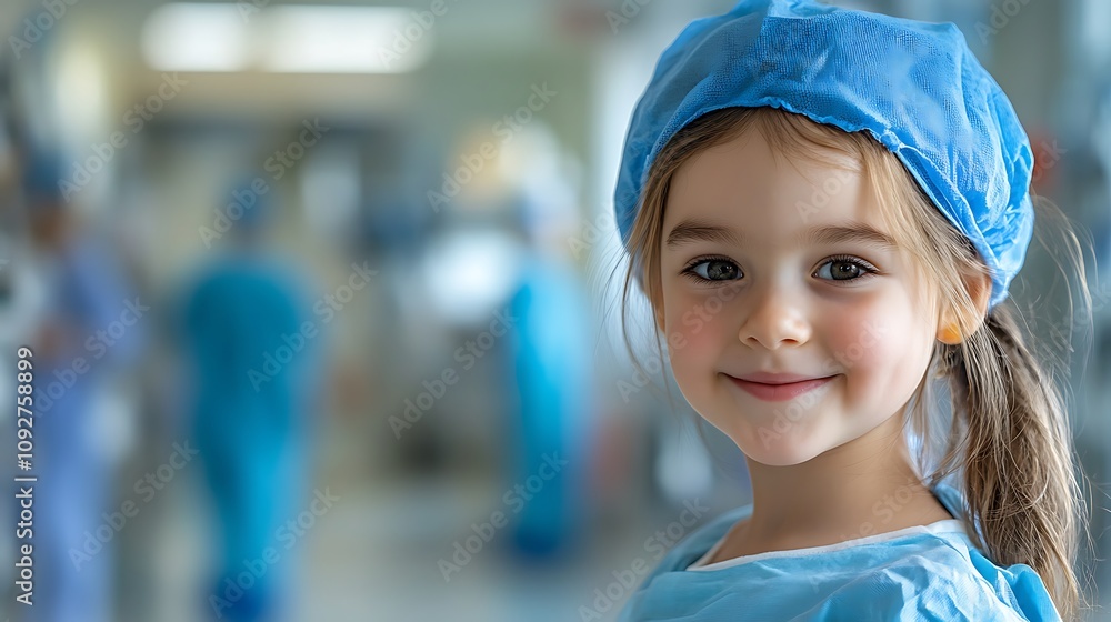 Girl in hospital clothes and a blue cap Girl in hospital clothes and a blue cap