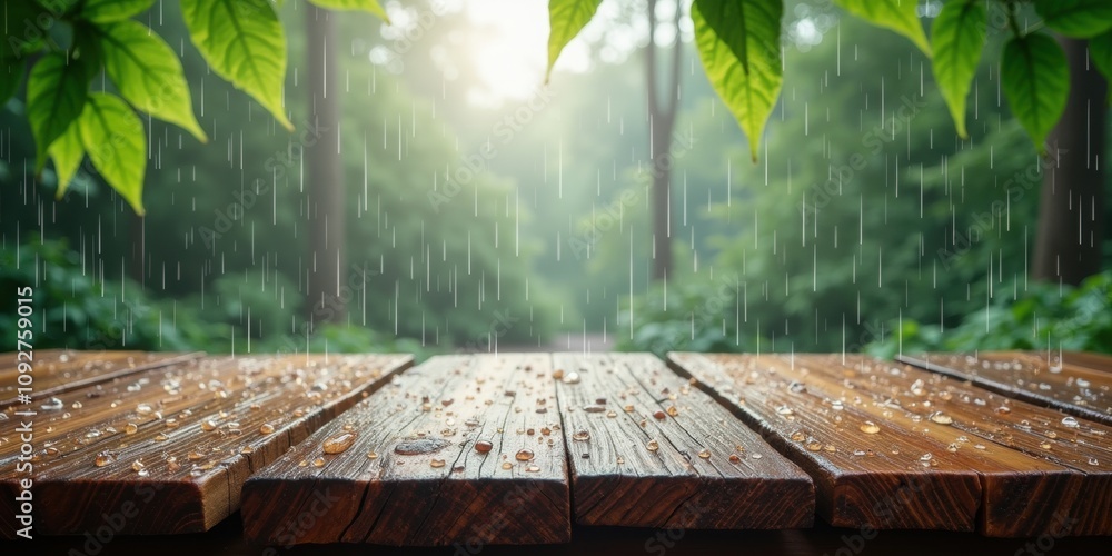 A tranquil forest scene with rain gently falling on a wooden surface, evoking serenity and connection to nature. Ideal for wellness, eco-friendly products, and outdoor themes. A tranquil forest scene with rain gently falling on a wooden surface, evoking serenity and connection to nature. Ideal for wellness, eco-friendly products, and outdoor themes.