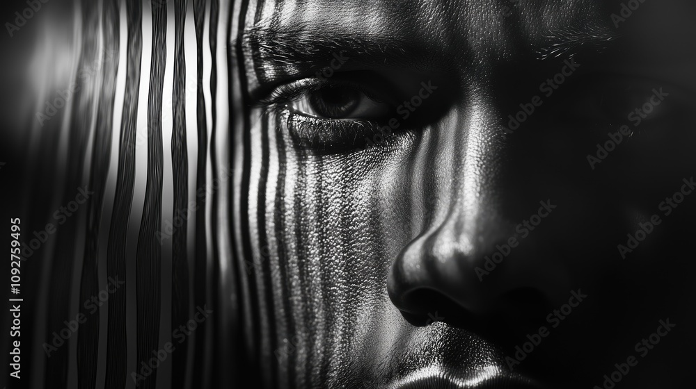 Dramatic monochrome portrait with light patterns on black individual's face Dramatic monochrome portrait with light patterns on black individual's face