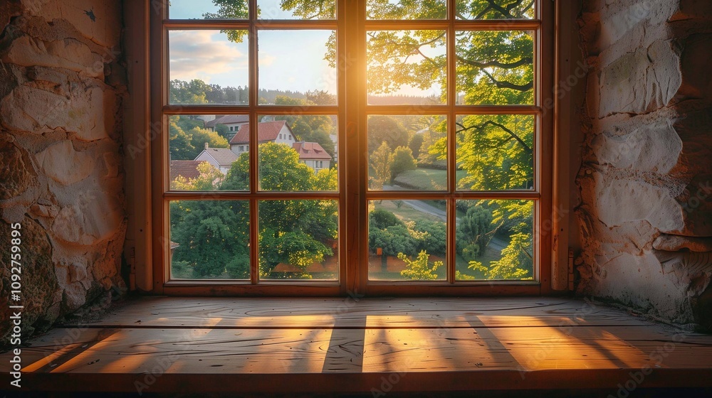 Sunlight brightens the wooden ledge and unveils a colorful landscape outside the window Sunlight brightens the wooden ledge and unveils a colorful landscape outside the window