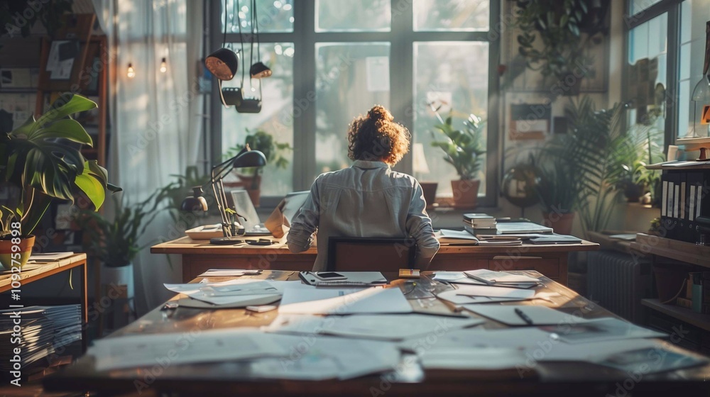 Person sits at a desk in a bright room, organizing plans amidst greenery and scattered papers Person sits at a desk in a bright room, organizing plans amidst greenery and scattered papers