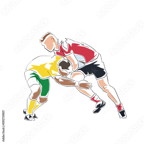 Rugby, team sport athletes, line art isolated vector drawing illustration. Two players