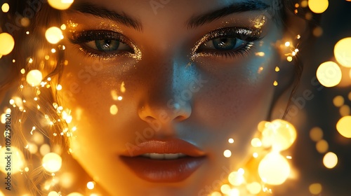 Close-Up Portrait of a Woman with Shimmering Eyes and Golden Lights AI Generated