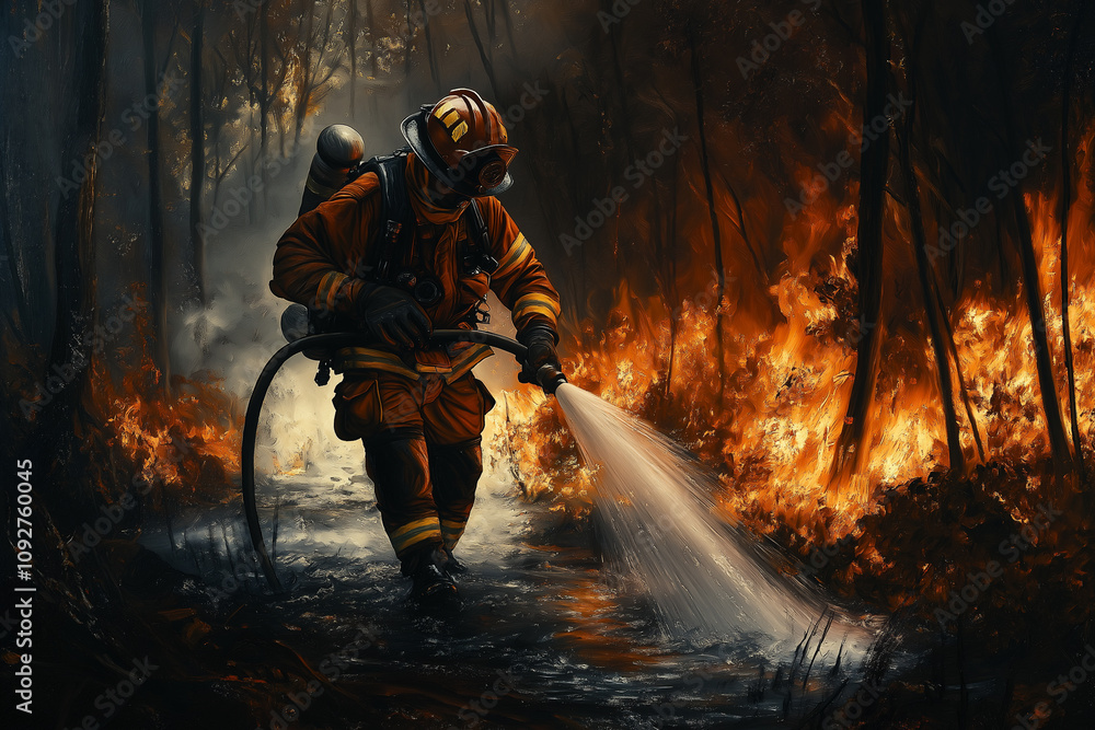 Firefighter battling a forest blaze in challenging conditions under smoky skies. Generative AI Firefighter battling a forest blaze in challenging conditions under smoky skies. Generative AI