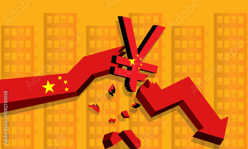  Chinese currency symbol break economic arrow, China crash concept Banking System, financial, Real Estate crisis developed from property sector bankrupt, slump, stock market decline in China Asia