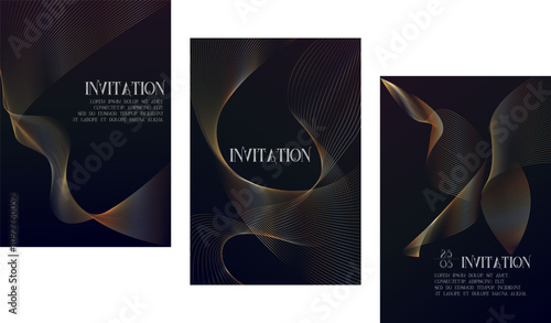 Elegant golden waves  Luxury invitation card background. Premium geometric shape, gold line gradient on dark. Rich design for gala card, grand opening, party invitation, layout, templates.