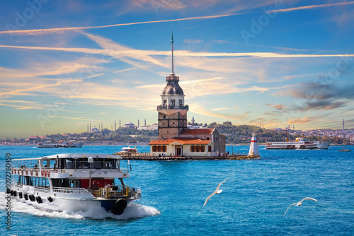 The cruise boat on the Bosphorus near the Maiden's Tower, Istanbul, Turkey