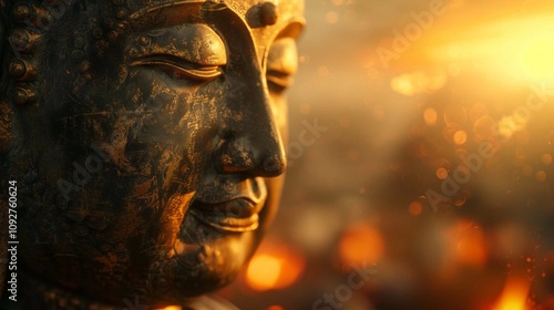 A close-up of a Buddha statue exemplifying the theme of reincarnation during a stunning sunset photo