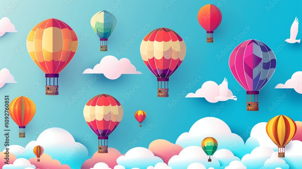 Obraz premium A cartoon illustration of hot air balloons floating in the sky.