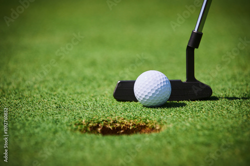 Cuadro en lienzo White golf ball near a hole with a black putter on a green field, close-up view,