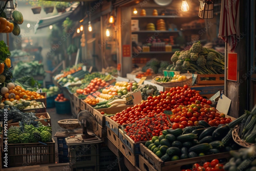 Stalls filled with colorful vegetables and fruits attract shoppers in a busy market atmosphere Stalls filled with colorful vegetables and fruits attract shoppers in a busy market atmosphere