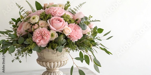 Soft pink peonies and roses bouquet arranged in a decorative vase with lush greenery and foliage on a clean white background, rosesshop, freshcutflowers, peonyflowers, gardeninspired, blossombowls photo