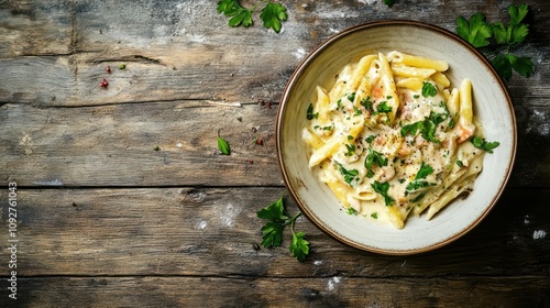 A delicious portion of well cooked Penne carbonara, arranged on a rustic wooden table photo