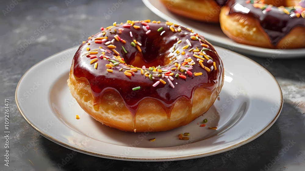 Close up macro photography of a chocolate donut with sprinkles on a white plate. Close up macro photography of a chocolate donut with sprinkles on a white plate.