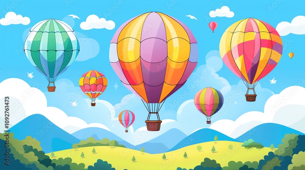 Fototapeta premium A cartoon illustration of hot air balloons floating in the sky.