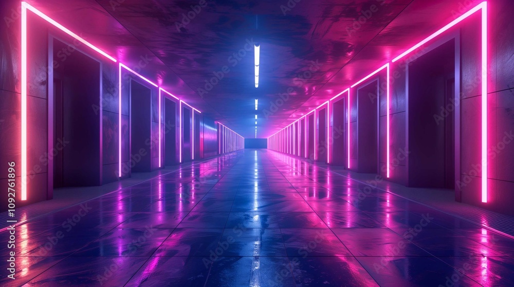 Fototapeta premium Vivid neon lights create an enchanting atmosphere in a dimly lit hallway