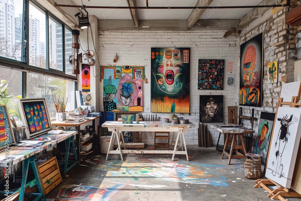 A bright studio displays diverse artworks on walls and tables, creating an artistic vibe A bright studio displays diverse artworks on walls and tables, creating an artistic vibe