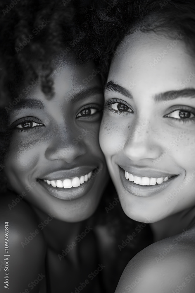 Smiling women with curly hair showcase friendship and joy in close embrace. Their radiant smiles and expressive eyes convey warmth and connection Smiling women with curly hair showcase friendship and joy in close embrace. Their radiant smiles and expressive eyes convey warmth and connection