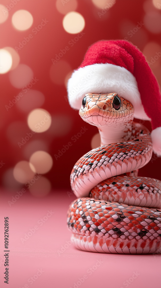 Fototapeta premium Snake in Santa hat, zodiac symbol, Chinese calendar, pink background, banner copy space, Happy New Year Merry Christmas