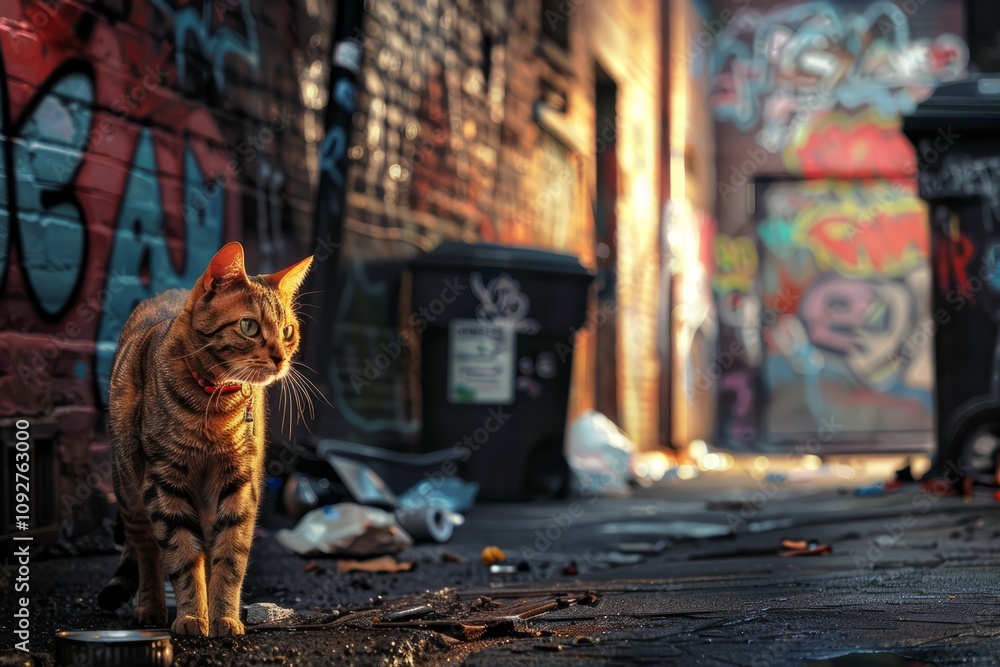 Ginger cat cautiously navigates a gritty, graffiti-filled alley, highlighting urban decay and stray animal themes Ginger cat cautiously navigates a gritty, graffiti-filled alley, highlighting urban decay and stray animal themes