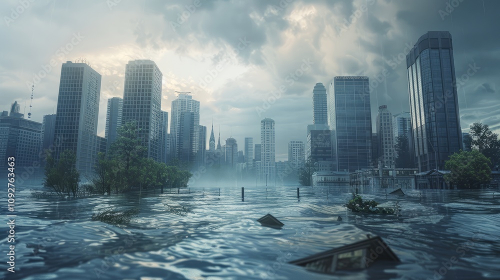 Fototapeta premium Flood covering city during heavy rainfall with debris and trees floating in water, depicting climate change consequences