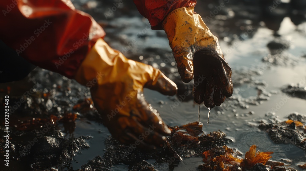 Oil Spill Management Concept, Worker in Protective Gloves Removing Oil from Polluted Environment with a Focus on Clean-Up Efforts and Environmental Protection Oil Spill Management Concept, Worker in Protective Gloves Removing Oil from Polluted Environment with a Focus on Clean-Up Efforts and Environmental Protection