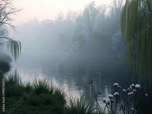 Spring mist rises from the Missouri River as willows and cottonwoods bloom in the forest surroundings, missouri river, nature scene, serene atmosphere