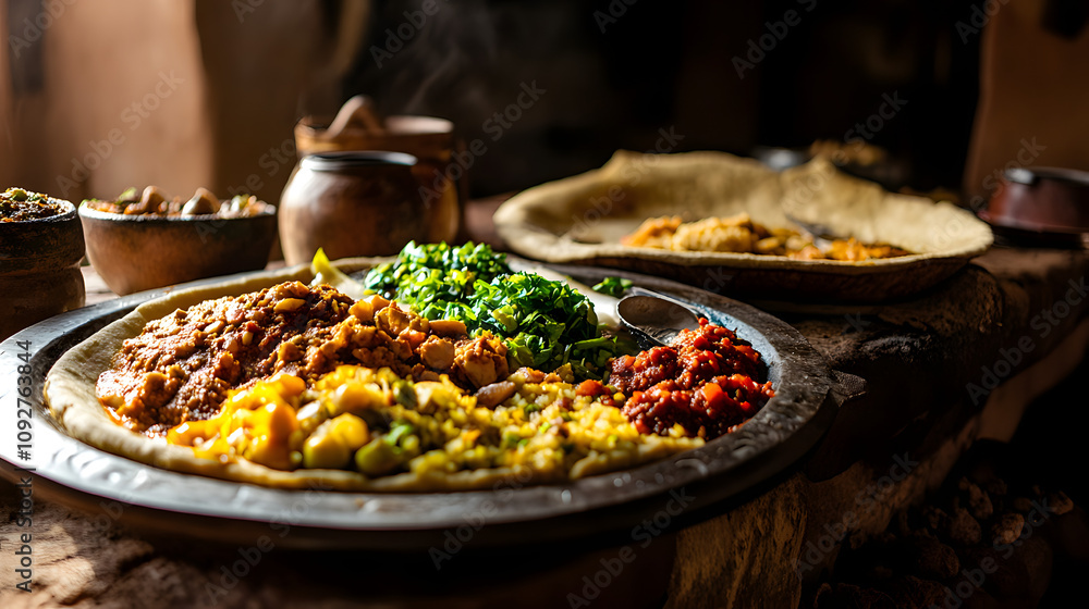Communal Dining Experience: A Large Plate of Ethiopian Injera Surrounded by Rich Flavors of Diverse Stews and Fresh Vegetables Communal Dining Experience: A Large Plate of Ethiopian Injera Surrounded by Rich Flavors of Diverse Stews and Fresh Vegetables