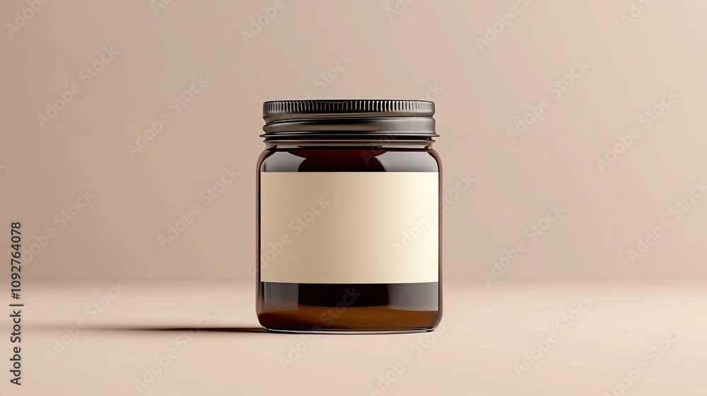 Amber Glass Jar with Blank Label on Beige Background