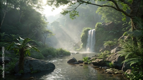 Sunlight filtering through the mist of a small waterfall into an ethereal rainforest stream, tiny waterfalls, sunlight filtering, , lush greenery