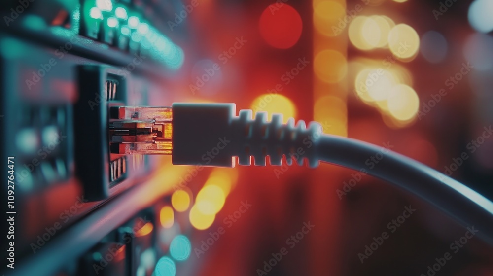 An Ethernet cable inserted into a network switch is shown up close against a blurry background of additional cables and switches. An Ethernet cable inserted into a network switch is shown up close against a blurry background of additional cables and switches.