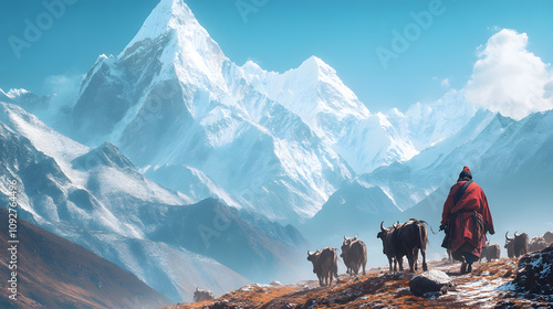 A Vivid Portrait of a Tibetan Yak Herder Guiding His Herd in the Breathtaking Himalayan Mountains