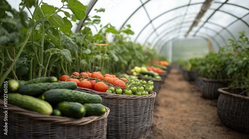 Wallpaper Mural Freshly picked tomatoes and cucumbers growing in greenhouse baskets Torontodigital.ca