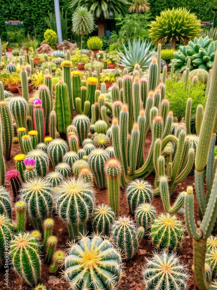 Panoramic view of diverse cacti and succulents in lush botanic garden, outdoor, diverse Panoramic view of diverse cacti and succulents in lush botanic garden, outdoor, diverse