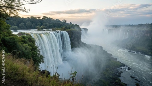 Misty veil rises from the base of a majestic waterfall, mist, rocky terrain, cranzunasc waterfall, foggy morning photo